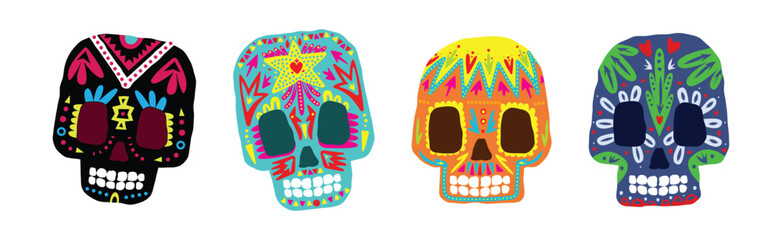 Wall Mural - Colorful Mexican Skull with Ornament and Pattern Vector Set