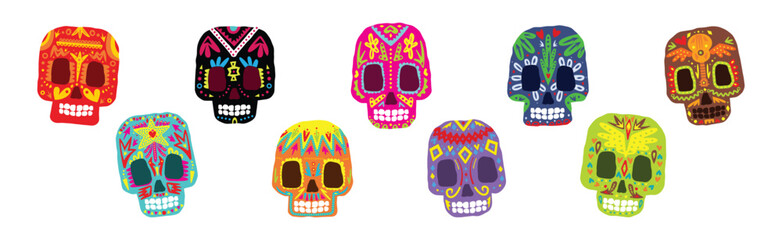 Wall Mural - Colorful Mexican Skull with Ornament and Pattern Vector Set