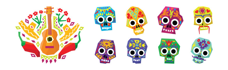 Wall Mural - Colorful Mexican Skull with Ornament and Pattern Vector Set