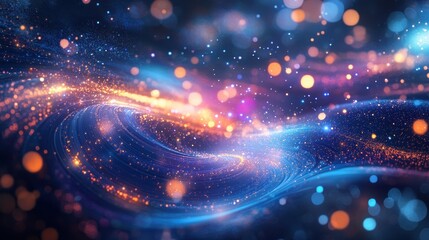 Poster - abstract cosmic flow swirling galaxy of golden and blue particles with bokeh effect.