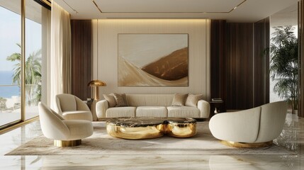 Wall Mural - Luxury Coastal Living Room Interior Design: Beige, Gold, and Wood Accents