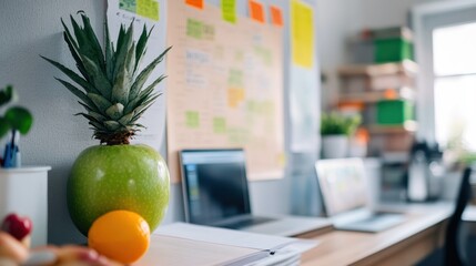 Poster - Pineapple atop green apple and orange on desk