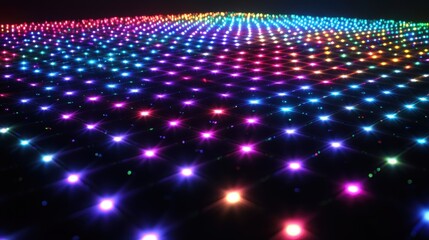 Poster - Abstract Grid of Glowing Colorful LED Lights on Black Background, Sparkling Festive Pattern.