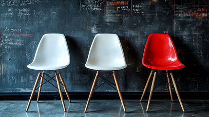 Wall Mural - Red and White Chairs against a Chalkboard Wall: A Study in Minimalist Design