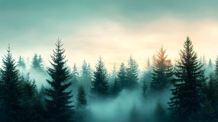 Wall Mural - Misty evergreen forest landscape with atmospheric lighting creating a mysterious and serene ambiance  The fog and mist envelop the tall pine and fir trees