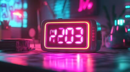 Poster - Neon Clock, Cyberpunk Room, Digital 203 AM, Future Tech
