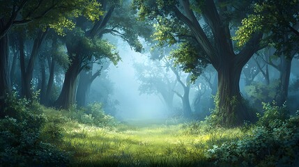 Wall Mural - Enchanting Misty Forest Path Leading to Adventure and Discovery   A serene and mysterious woodland scene with a winding trail disappearing into a fog shrouded landscape inviting and wonder