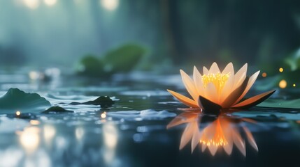 Poster - Glowing Lotus Flower Blooms Serene Pond Water