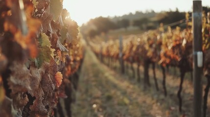 Poster - Autumnal Vineyard Rows Bathed In Golden Sunlight