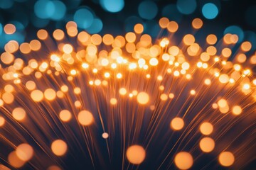 Poster - abstract fiber optic lights with bokeh effect, teal and orange glowing particles.