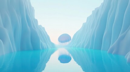 Poster - Serene Abstract Landscape with Floating Orb and Calm Water
