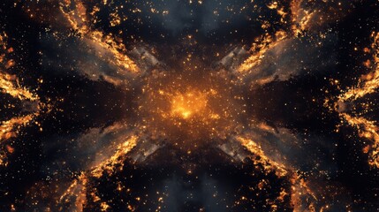 Poster - Abstract Cosmic Explosion of Golden Particles and Dark Nebula, Symmetrical Space Background.
