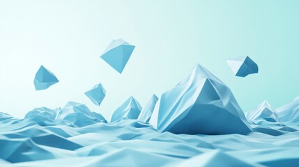 Poster - Abstract Blue Crystalline Landscape with Floating Forms