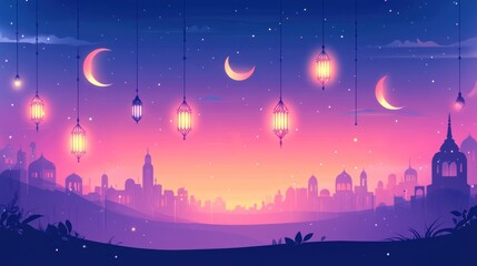Poster - Nighttime Cityscape with Crescent Moons and Hanging Lanterns