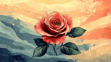 Wall Mural - A rose in a playful, textured pattern illustration, blending lively shapes and dynamic colors for a vibrant and energetic composition.