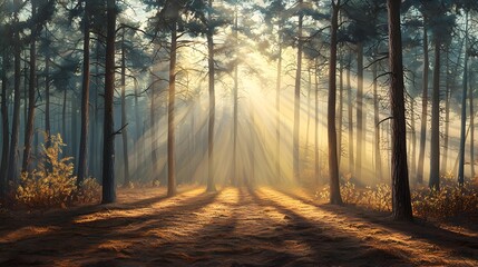 Poster - A tranquil and mystical scene of a winding dirt path leading through a lush autumn forest with warm golden sunlight streaming through the trees and creating a magical atmosphere
