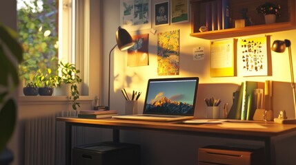 Poster - Sunlit home office workspace, laptop, plants, posters, work