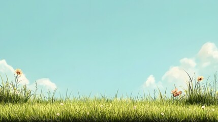 Poster - Lush verdant green meadow filled with blooming daisies and other wildflowers under a serene picturesque summer sky with fluffy white clouds  Tranquil peaceful and scenic pastoral landscape