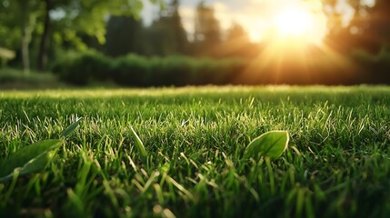 Poster - Picturesque landscape with lush green grass field illuminated by warm sunlight streaming through the vibrant foliage and leaves creating a serene and tranquil atmosphere