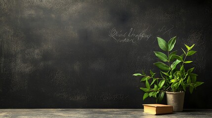 Poster - potted green plants on a wooden table against a blank dark background with ample copy space the mini