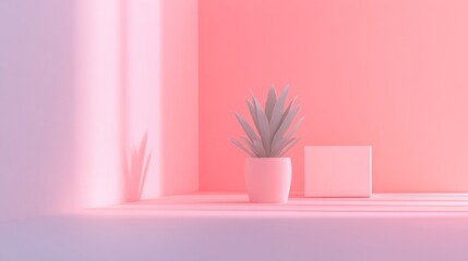 Aufkleber - Minimalist Pink Room Setting With Plant And Cube