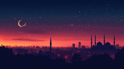 Poster - Night Cityscape Silhouette Mosque Crescent Moon Stars