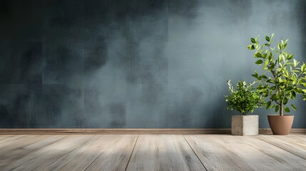 Poster - Minimalist interior living room with wooden table potted houseplant and empty space on dark green wall background  Clean bright and natural looking 3D rendering or studio scene for digital production