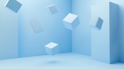 Poster - Floating Cubes in a Light Blue Room