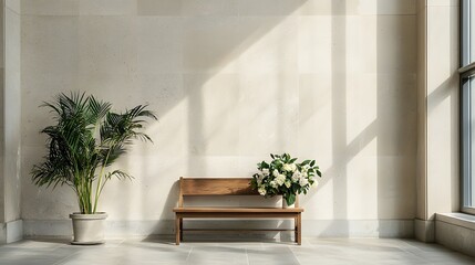 Poster - cozy and bright contemporary living room with wooden bench large window and lush greenery decor crea