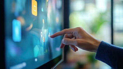 Poster - Hand interacts with smart home interface, office background