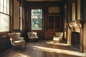 Poster - Dim room has three chairs and sunlit floor.