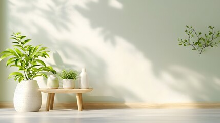 Poster - Cozy and Serene Living Room with Minimal Decor and Natural Elements  Bright and Airy Interior Design with Wooden Furniture Houseplants and Neutral Colors for a Calming Atmosphere