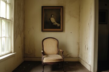 Poster - Old portrait, chair, window in distressed room.