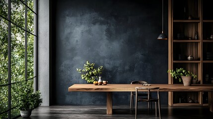 Poster - cozy and inviting rustic style wooden workspace with potted plants natural lighting through large wi