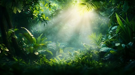 Poster - Stunning scene of magical sunbeams piercing through the lush verdant foliage of a dense tropical jungle casting a warm glow over the serene and captivating wilderness landscape
