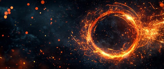 Fototapete - Vibrant orange energy ring suspended in a dark cosmic background filled with intricate patterns and sparkling lights