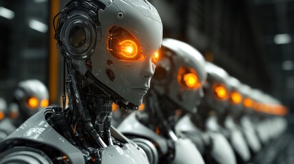 Poster - Robots factory line glowing eyes production