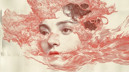 Poster - Red Waves Embrace a Young Womans Face