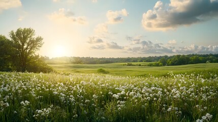Poster - Expansive pastoral meadow landscape blanketed with a sea of blooming wildflowers under a picturesque blue sky with wispy clouds basking in the warm glow of the sun  A tranquil serene