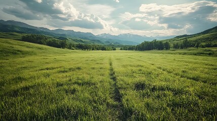 Poster - Panoramic view of a vast lush green meadow surrounded by towering mountains under a dramatic cloudy sky