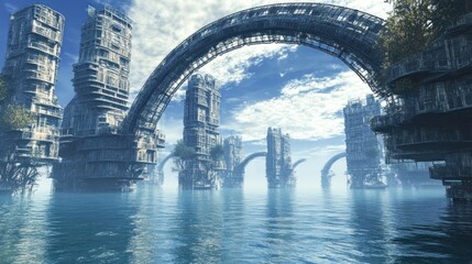 Poster - Futuristic Cityscapes Submerged In A Calm Ocean