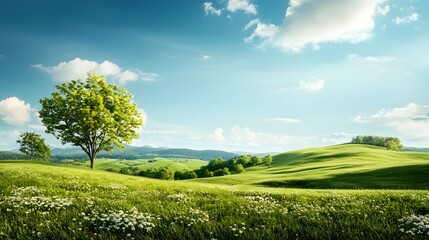 Poster - Stunning scenic countryside landscape with lush green meadows rolling hills and a path winding through the peaceful and picturesque rural setting under a clear blue sky with fluffy white clouds