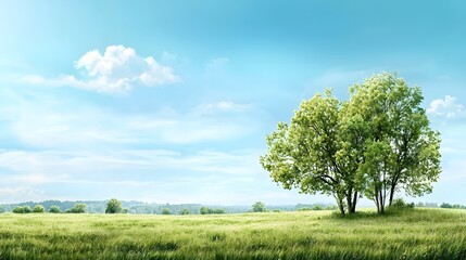 Poster - Picturesque countryside landscape featuring a lush verdant meadow with tall trees in full bloom set against a bright dramatic sky on a sunny summer day  This serene