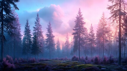 Poster - Breathtaking Misty Forest Landscape at Sunset with Vibrant Colorful Sky and Atmospheric Lighting  Serene and Tranquil Nature Scene Evoking a Dreamlike Mystical Ambiance