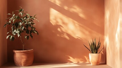 Poster - Two potted plants against a peach stucco wall.