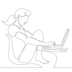 Poster - Young woman girl sitting in a chair works for a laptop. One continuous drawing line, logo single hand drawn art doodle isolated minimal illustration.