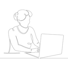 Poster - Young woman designer student manager working on laptop. One continuous drawing line, logo single hand drawn art doodle isolated minimal illustration.