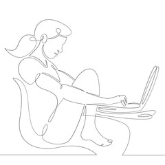 Poster - Young woman girl sitting in a chair works for a laptop. One continuous drawing line, logo single hand drawn art doodle isolated minimal illustration.