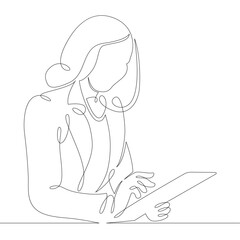 Poster - Young woman manager designer works on the Internet using a tablet. One continuous drawing line, logo single hand drawn art doodle isolated minimal illustration.