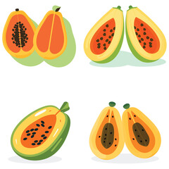 Wall Mural - papaya cuts, showing seeds and flesh on white background.